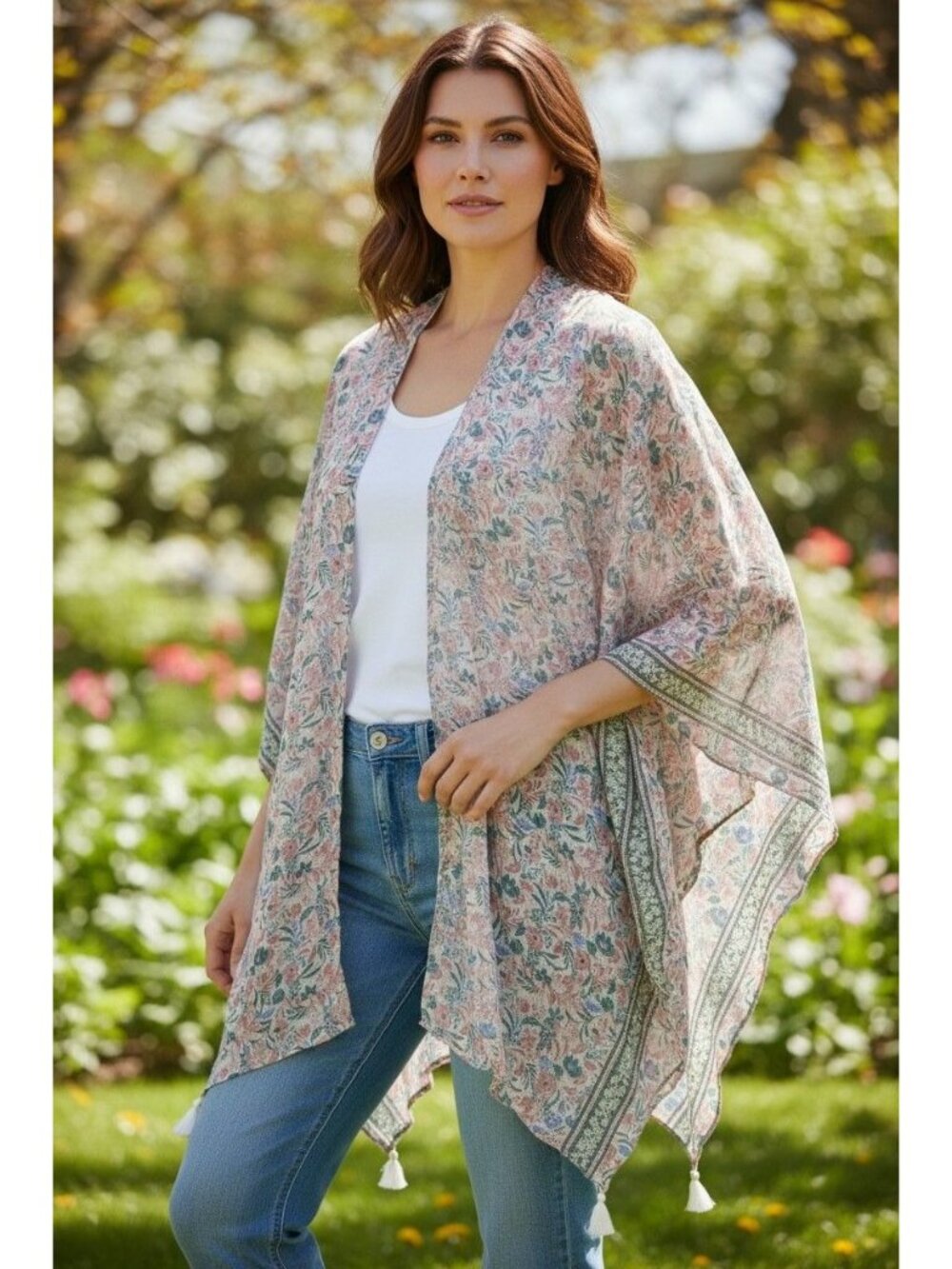 Rebecca Minkoff Floral Print Kimono Shawl Wrap‎ Tassels Bohemian Country Ruana